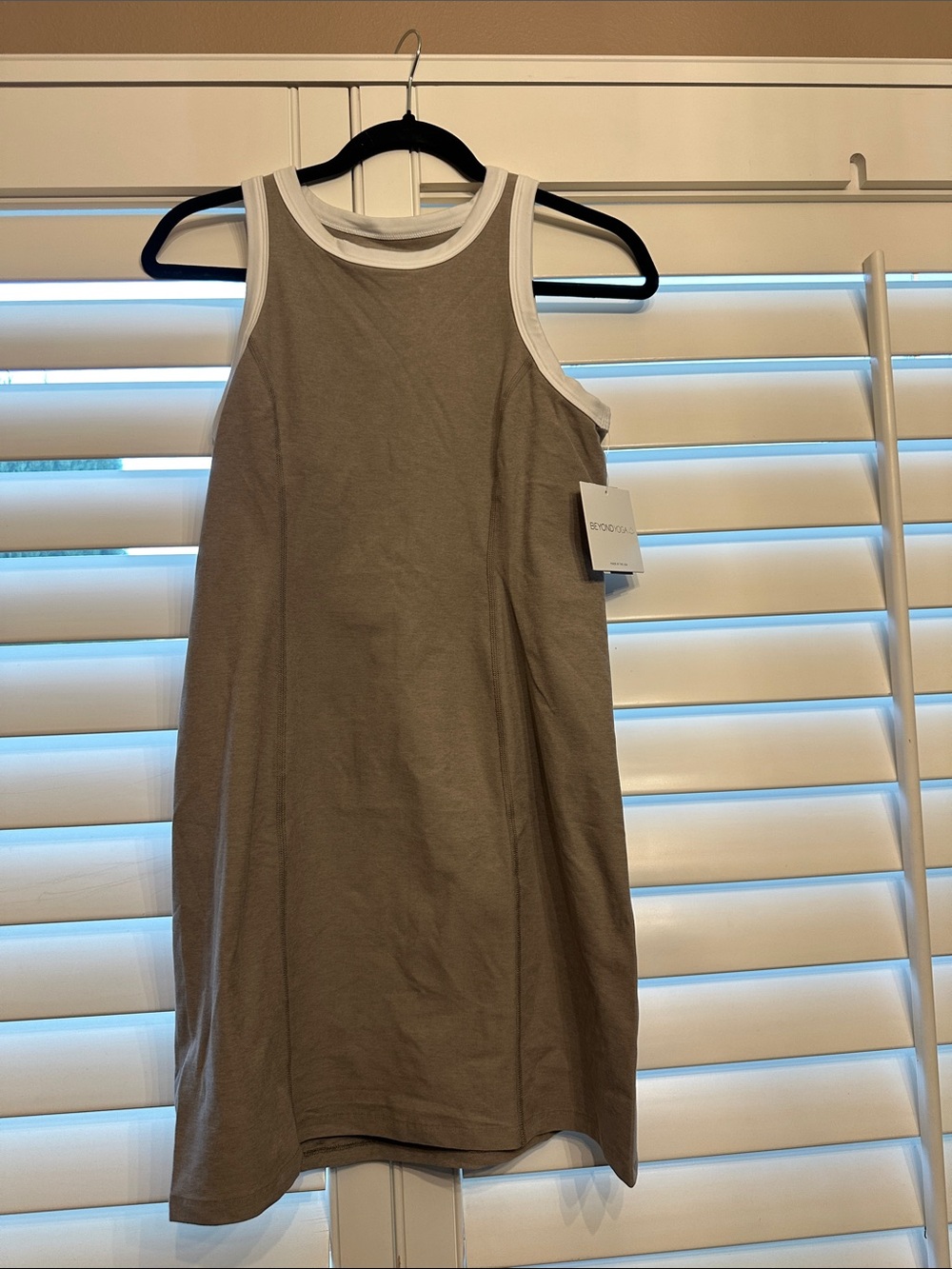 Everyday Sleeveless Tank Dress in Taupe with White Trim